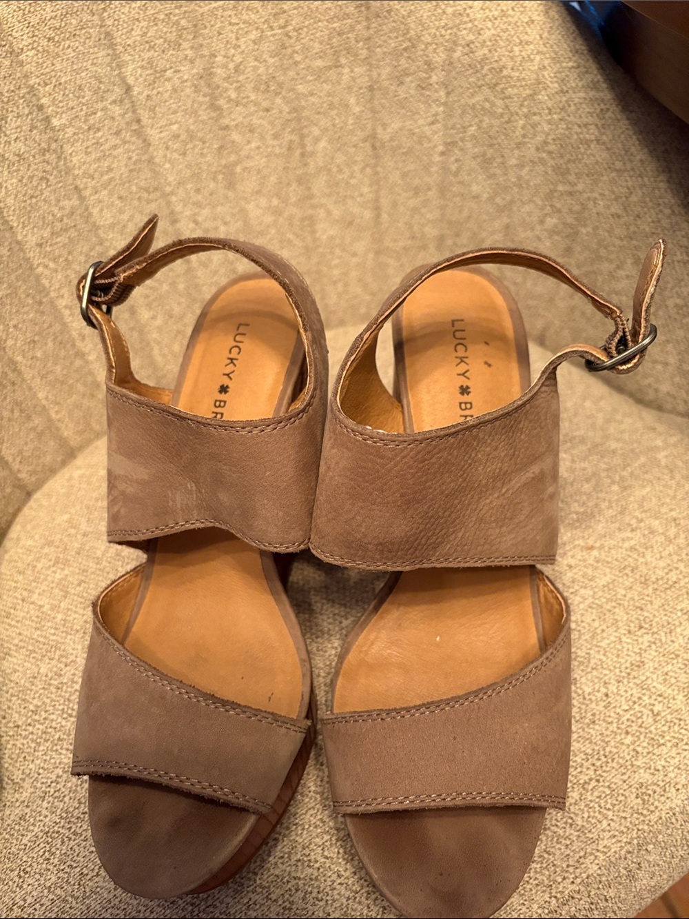 Lucky Brand Taupe Suede Open-Toe Ankle-Strap Sandals